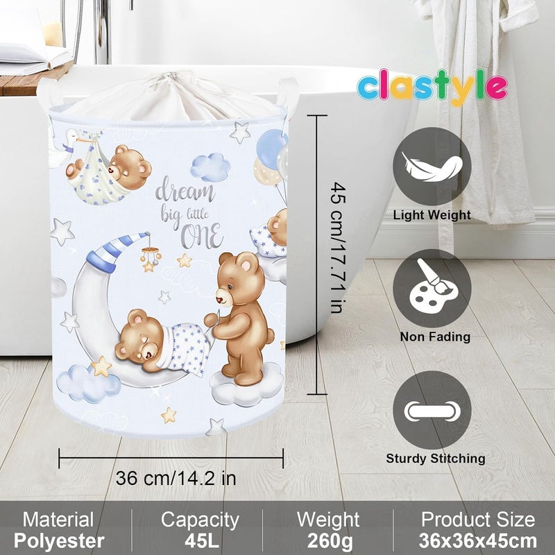 Clastyle 45L Large Blue Sleeping Bear Kid Boy Girl Laundry Hamper with Handle Collapsible Star Moon Clothes Toy Storage Basket with Lid for Nursery - Image 2