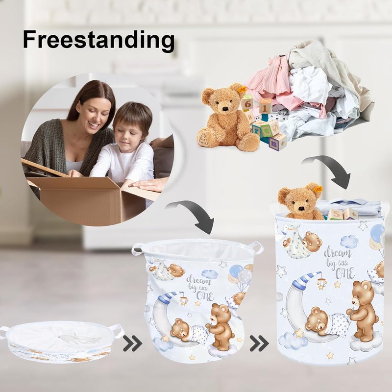 Clastyle 45L Large Blue Sleeping Bear Kid Boy Girl Laundry Hamper with Handle Collapsible Star Moon Clothes Toy Storage Basket with Lid for Nursery - Image 4