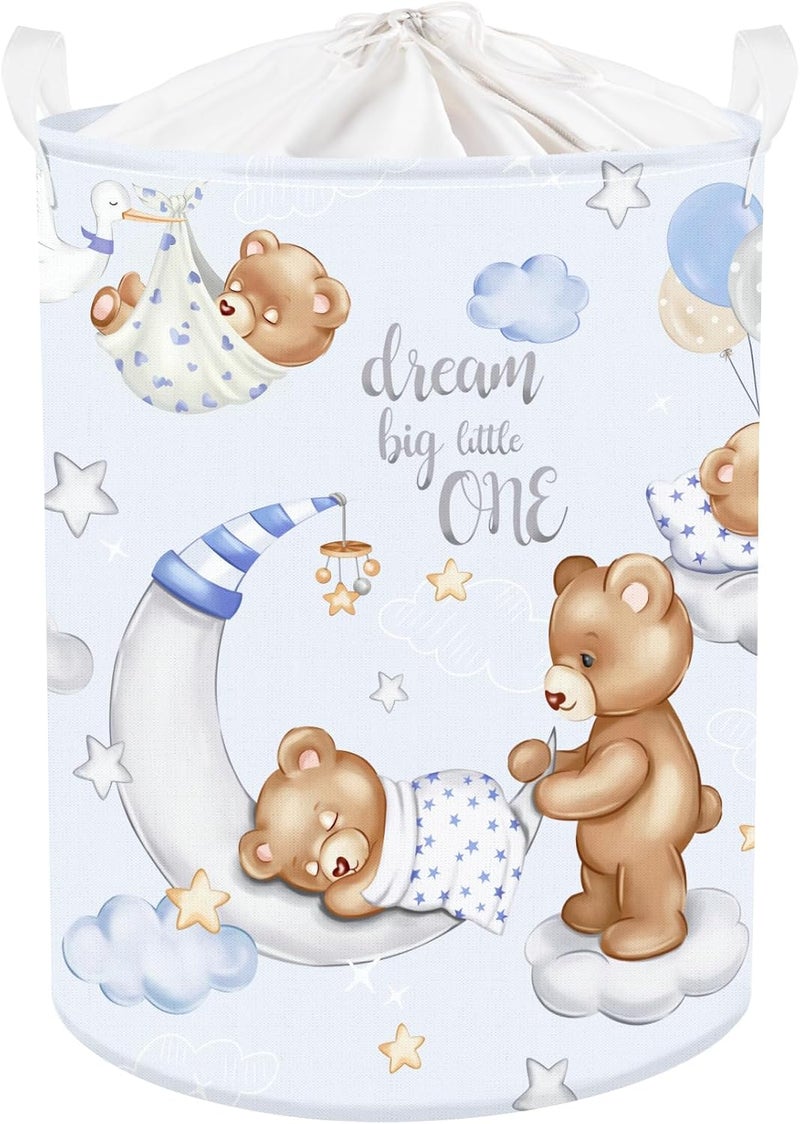 Clastyle 45L Large Blue Sleeping Bear Kid Boy Girl Laundry Hamper with Handle Collapsible Star Moon Clothes Toy Storage Basket with Lid for Nursery - Image 1