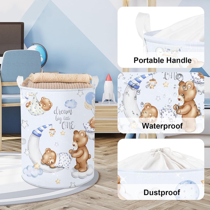 Clastyle 45L Large Blue Sleeping Bear Kid Boy Girl Laundry Hamper with Handle Collapsible Star Moon Clothes Toy Storage Basket with Lid for Nursery - Image 5
