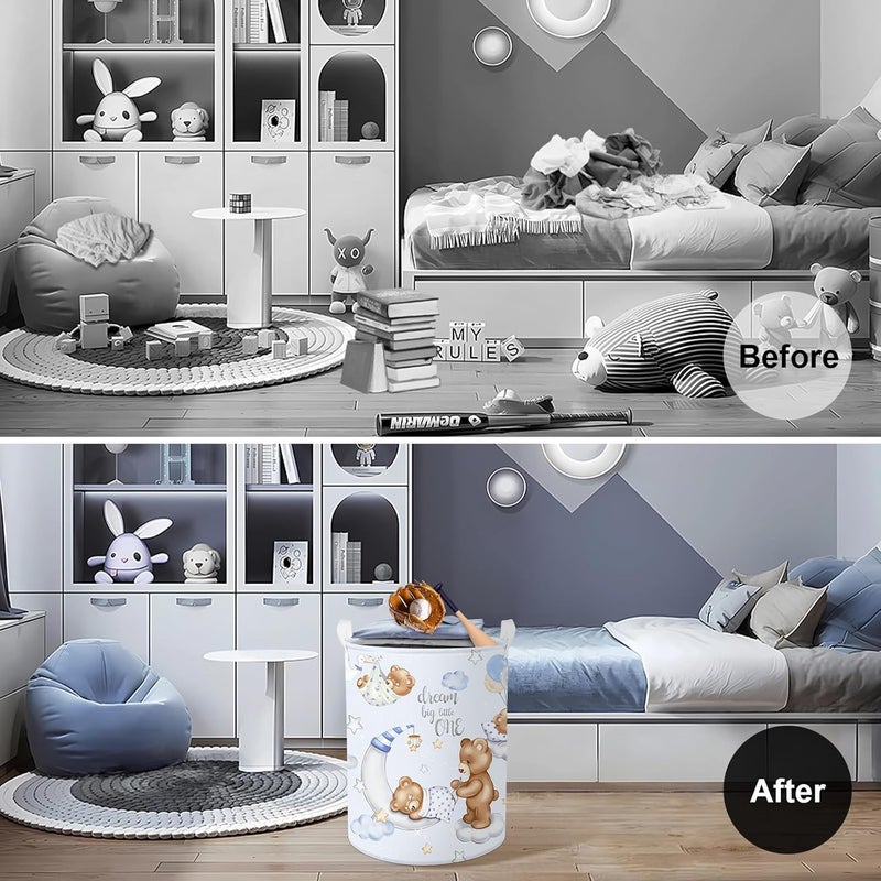 Clastyle 45L Large Blue Sleeping Bear Kid Boy Girl Laundry Hamper with Handle Collapsible Star Moon Clothes Toy Storage Basket with Lid for Nursery - Image 3