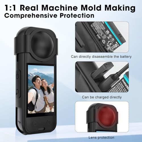 Flavizo Silicone Protective Case Compatible with Insta 360 X5, Soft Shockproof Anti-Scratch Full-Body Cover with Lens Cap, Charging Port Accessible, Action Camera Accessories (Black) - Image 4