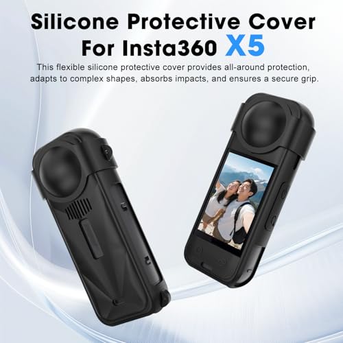 Flavizo Silicone Protective Case Compatible with Insta 360 X5, Soft Shockproof Anti-Scratch Full-Body Cover with Lens Cap, Charging Port Accessible, Action Camera Accessories (Black) - Image 2