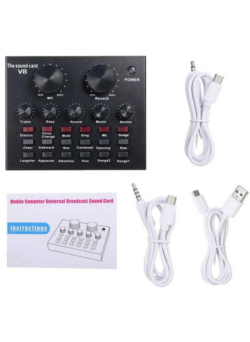 V8 USB Sound Card 112 Electric Sounds 18 Sound Effects 6 Modes External Audio Mixer with Bluetooth, Reverb & EQ Adjustments for Live Streaming, Karaoke, Recording for Headset/Microphone