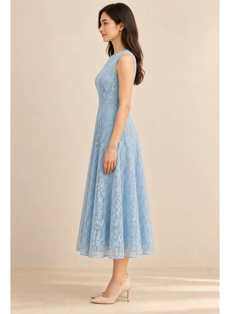 2Trendy Women's Light Blue Midi Dress with Lace and Sleeveless Design