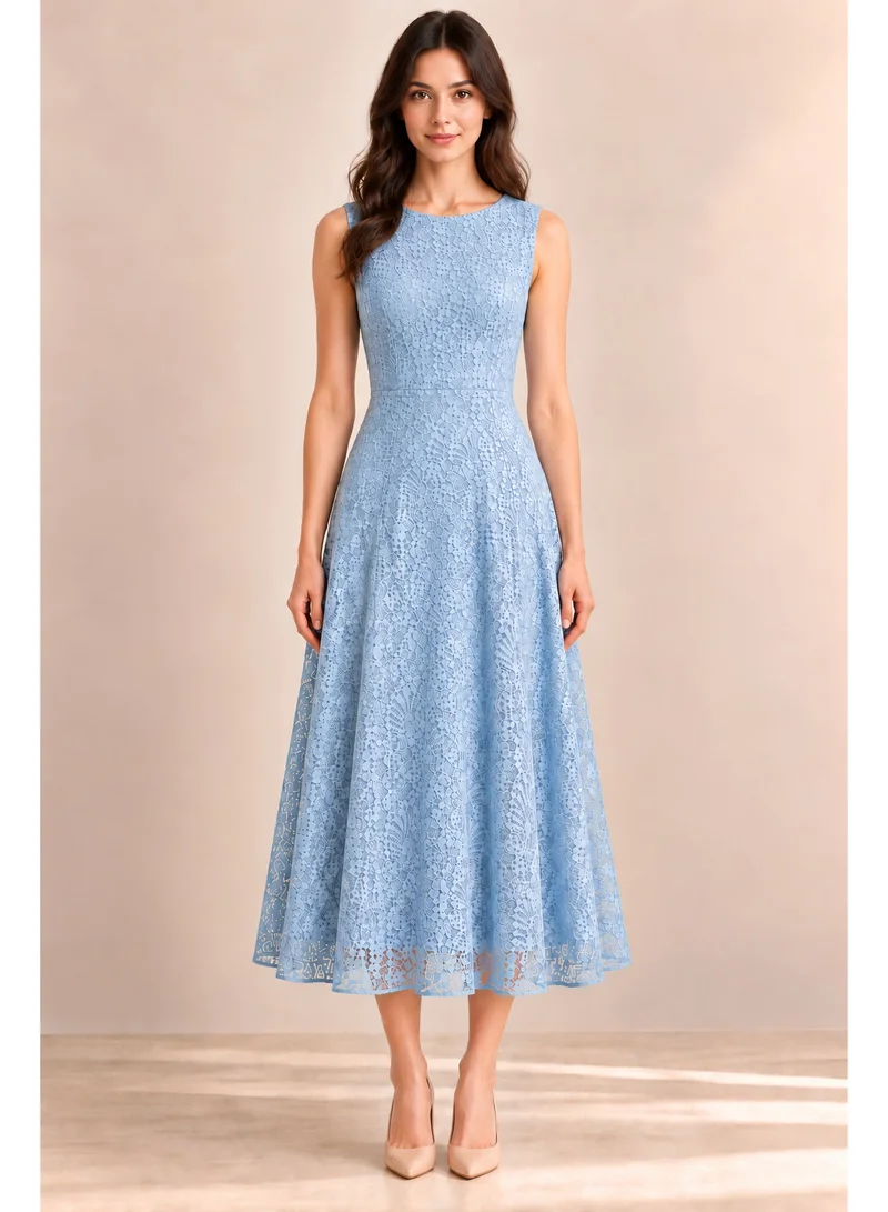 2Trendy Women's Light Blue Midi Dress with Lace and Sleeveless Design