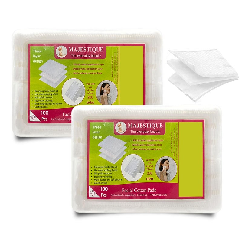 MAJESTIQUE Majestique Cotton Pads for Face Makeup Removal 100 Soft Square 3Layered Pads Makeup Remover Wipes for Cleansing Skin  Nail Polish Remover  Pack of 2 200 - Image 1