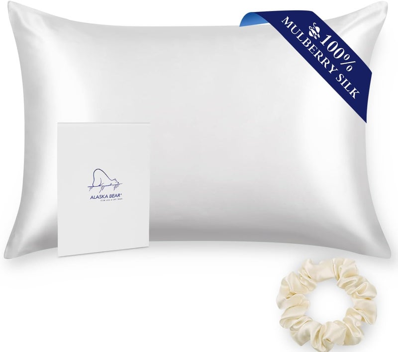 ALASKA BEAR Silk Pillowcase for Hair and Skin, 100% Mulberry Silk Pillow Cases King Size for Bliss Sleep with Random Color Scrunchy Gift Set Better Than Poly Satin, Zipper Closure, 1pc, Cool White - Image 1