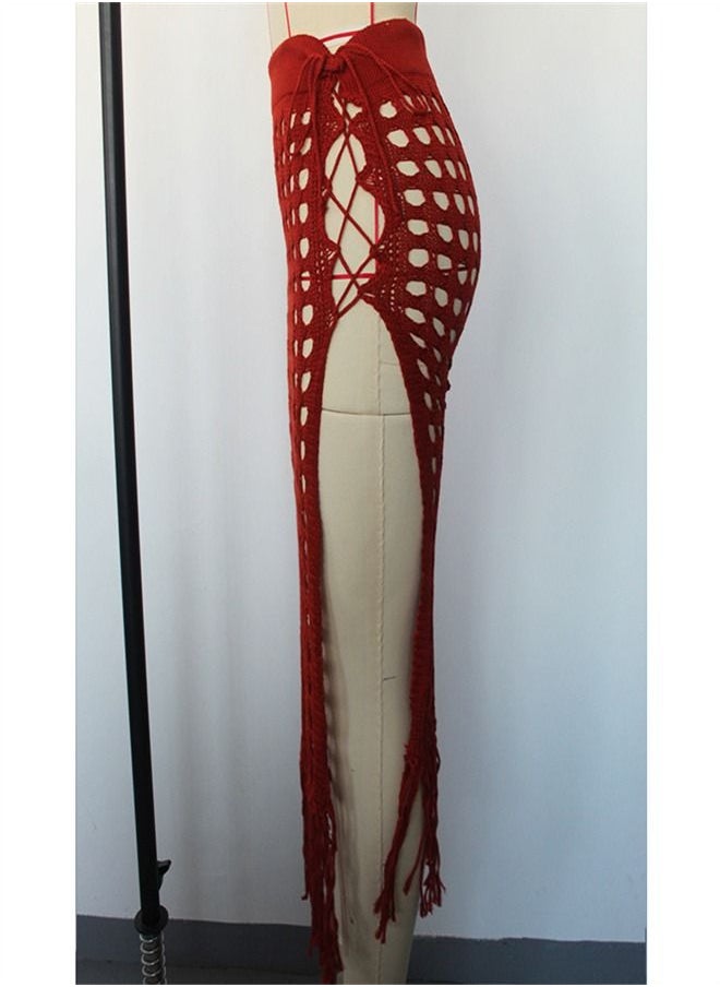 Loquat - Hollow Knit Split Fringed Beach Skirt Red - Image 1