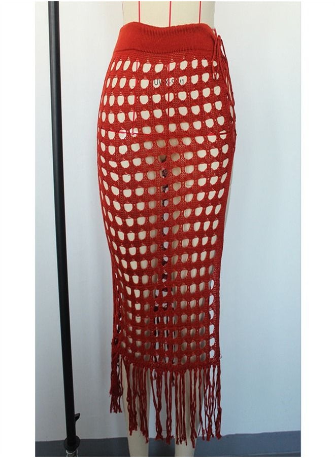 Loquat - Hollow Knit Split Fringed Beach Skirt Red - Image 1