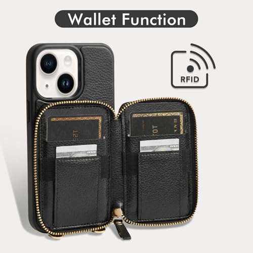 ZVE for iPhone 14 Wallet Case Crossbody with Card Holder, Zipper Phone Case with Wrist Strap, RFID Blocking Purse Cover for Women Compatible with iPhone 14, 6.1", 2022-Black - Image 2