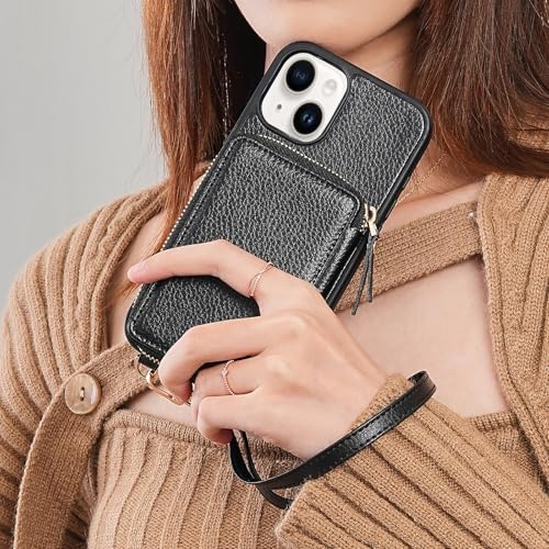 ZVE for iPhone 14 Wallet Case Crossbody with Card Holder, Zipper Phone Case with Wrist Strap, RFID Blocking Purse Cover for Women Compatible with iPhone 14, 6.1", 2022-Black - Image 4
