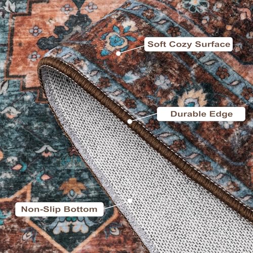 Ciicool Area Rug 5x7ft Washable Rugs for Living Room Non-Slip Indoor Rugs Large Low-Pile Mat Floor Carpet Vintage Rug for Bedroom Dinning Foyer Decor (Brick Red/Dull Teal) - Image 4