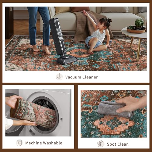 Ciicool Area Rug 5x7ft Washable Rugs for Living Room Non-Slip Indoor Rugs Large Low-Pile Mat Floor Carpet Vintage Rug for Bedroom Dinning Foyer Decor (Brick Red/Dull Teal) - Image 3