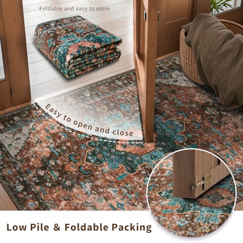 Ciicool Area Rug 5x7ft Washable Rugs for Living Room Non-Slip Indoor Rugs Large Low-Pile Mat Floor Carpet Vintage Rug for Bedroom Dinning Foyer Decor (Brick Red/Dull Teal) - Image 5