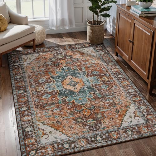 Ciicool Area Rug 5x7ft Washable Rugs for Living Room Non-Slip Indoor Rugs Large Low-Pile Mat Floor Carpet Vintage Rug for Bedroom Dinning Foyer Decor (Brick Red/Dull Teal) - Image 2