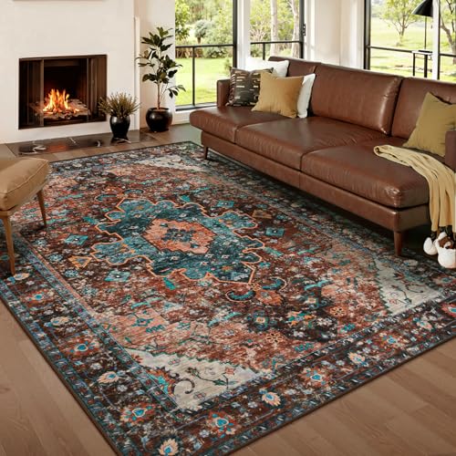 Ciicool Area Rug 5x7ft Washable Rugs for Living Room Non-Slip Indoor Rugs Large Low-Pile Mat Floor Carpet Vintage Rug for Bedroom Dinning Foyer Decor (Brick Red/Dull Teal) - Image 1