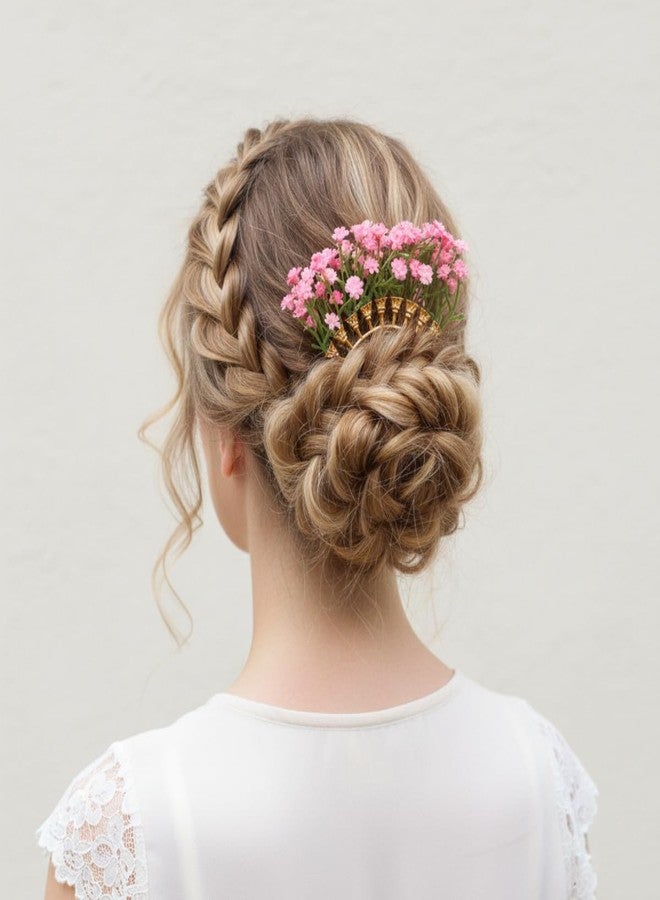 MAYCREATE® Hair Bun for Women Pink Flower Hair Pins Sweetly Gypsophila Vintage Floral Headpiece Elegant Bridal Wedding Hair Accessories for Bride, Prom, Party - Image 5