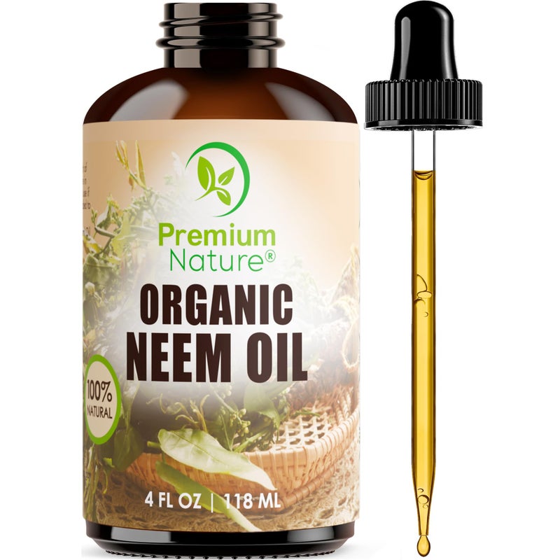 Premium Nature زيت النيم العضوي للبشرة زيت النيم للشعر زيت النيم 100% نقي معصور على البارد زيت النيم لخلط الزيوت الأساسية زيت النيم للنباتات زيت النيم للكتل زيت التدليك زيت النيم رذاذ للنباتات الداخلية 4 أونصات