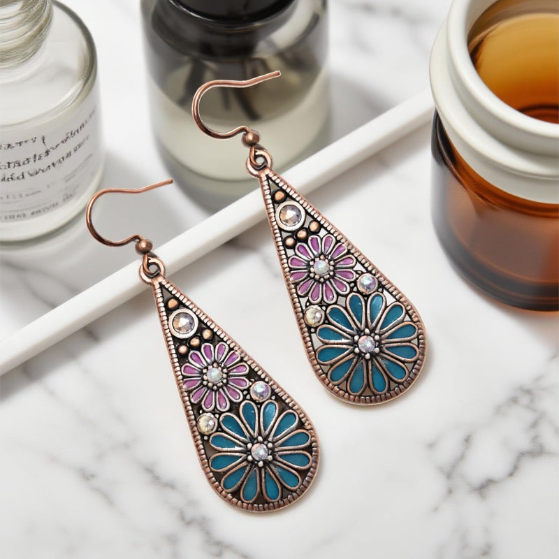 CZMZHFC Bohemian Crystal Teardrop Pendant Earring,Vintage Olive Green Hollow Out Flower Floral Dangle Earrings,National Style Geometry Enamel Flower Hook Earrings,Handmade Ethnic Statement Jewelry for Women (Powder Blue) - Image 3