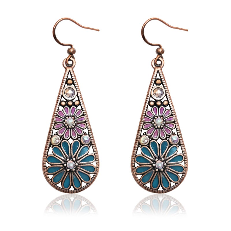 CZMZHFC Bohemian Crystal Teardrop Pendant Earring,Vintage Olive Green Hollow Out Flower Floral Dangle Earrings,National Style Geometry Enamel Flower Hook Earrings,Handmade Ethnic Statement Jewelry for Women (Powder Blue) - Image 1