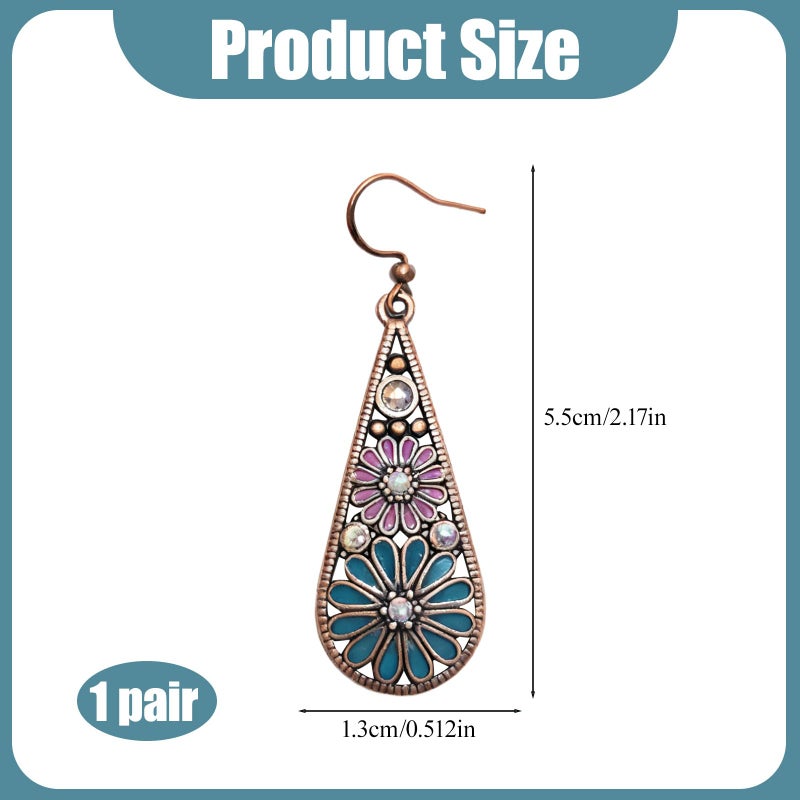 CZMZHFC Bohemian Crystal Teardrop Pendant Earring,Vintage Olive Green Hollow Out Flower Floral Dangle Earrings,National Style Geometry Enamel Flower Hook Earrings,Handmade Ethnic Statement Jewelry for Women (Powder Blue) - Image 2