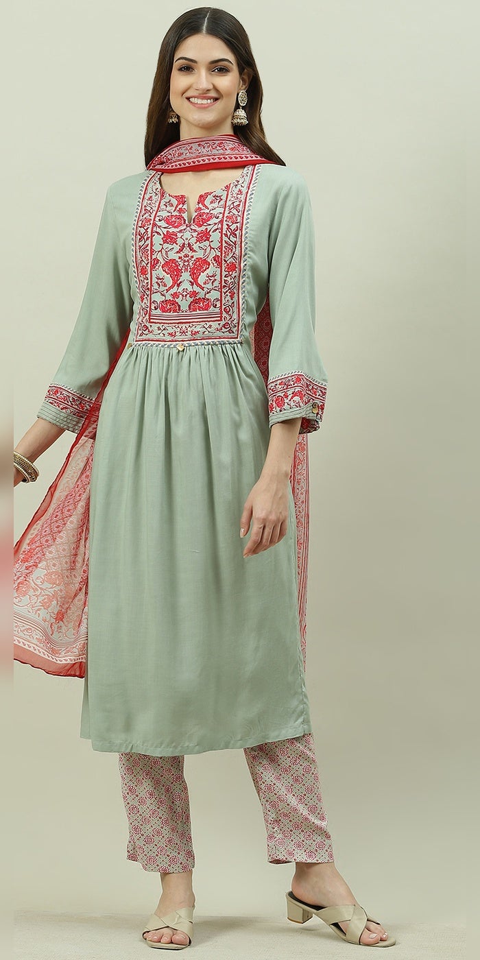بيبا مجموعة بنطال نسائية من Jade Green Rayon A-line Kurta Slim - Image 1