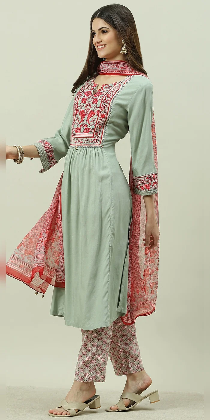 Biba  Women Jade Green Rayon A-Line Kurta Slim Pant Suit Set  | Best Price UAE