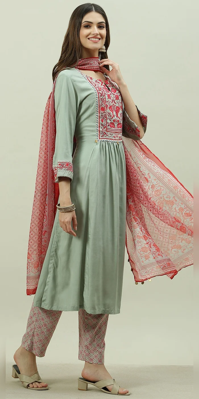 Biba  Women Jade Green Rayon A-Line Kurta Slim Pant Suit Set  | Best Price UAE