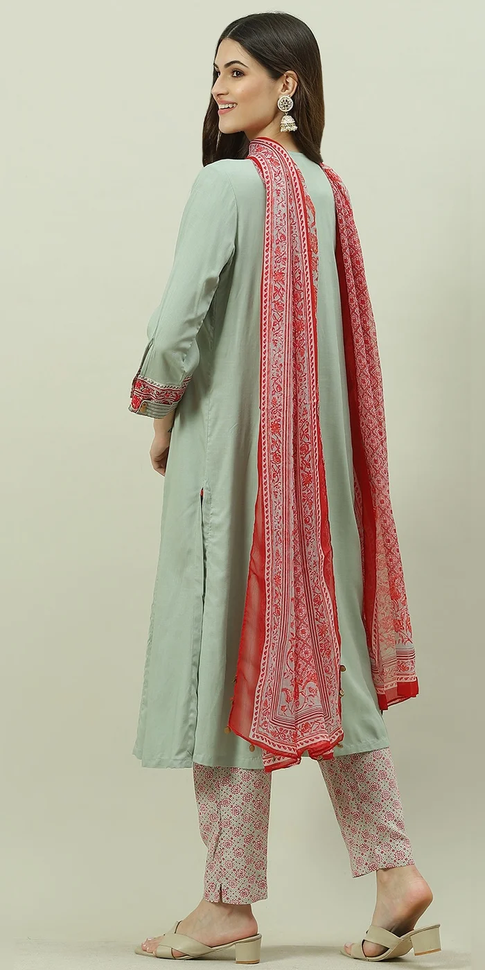 Biba  Women Jade Green Rayon A-Line Kurta Slim Pant Suit Set  | Best Price UAE