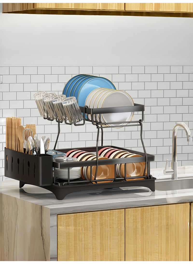 2 Tier Large Black Stainless Steel Dish Drainers Rack with Drainboard, Dish and Dish Drying Rack, Large Dish Dryer with Detachable Cup Rack and Utensil Holder for Kitchen Countertop Saving Spaceery Rack - Image 1