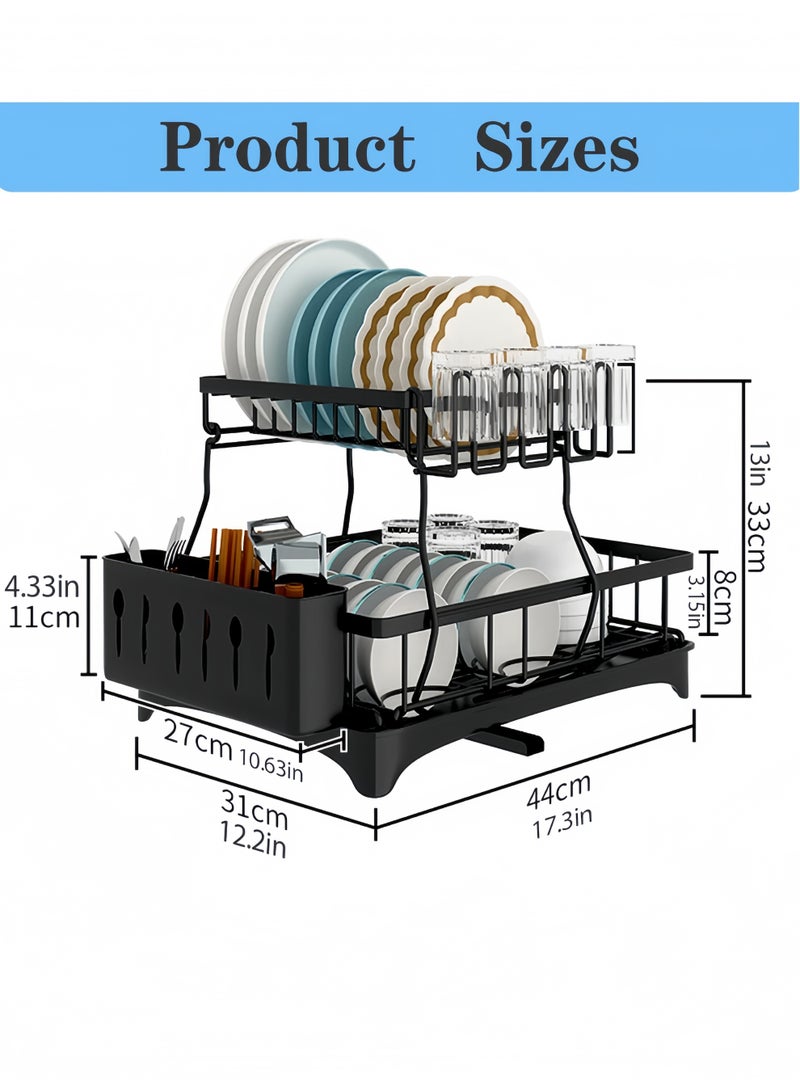 2 Tier Large Black Stainless Steel Dish Drainers Rack with Drainboard, Dish and Dish Drying Rack, Large Dish Dryer with Detachable Cup Rack and Utensil Holder for Kitchen Countertop Saving Spaceery Rack - Image 3