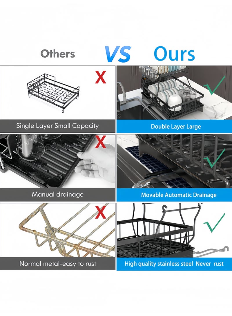2 Tier Large Black Stainless Steel Dish Drainers Rack with Drainboard, Dish and Dish Drying Rack, Large Dish Dryer with Detachable Cup Rack and Utensil Holder for Kitchen Countertop Saving Spaceery Rack - Image 4
