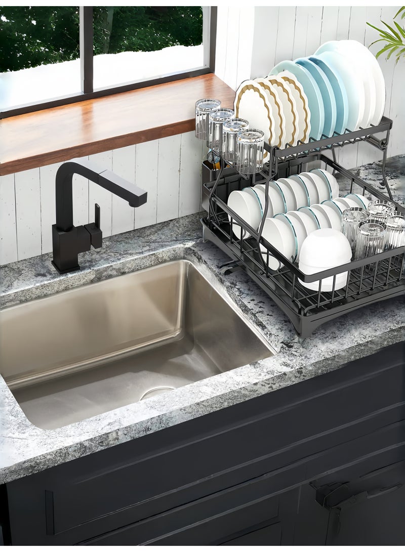2 Tier Large Black Stainless Steel Dish Drainers Rack with Drainboard, Dish and Dish Drying Rack, Large Dish Dryer with Detachable Cup Rack and Utensil Holder for Kitchen Countertop Saving Spaceery Rack - Image 2