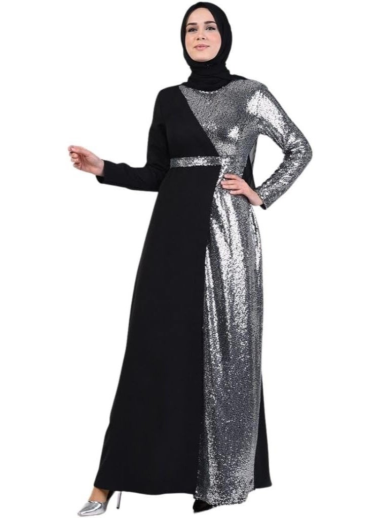Black women's dress decorated with silver sequins, suitable for veiled women - Image 1