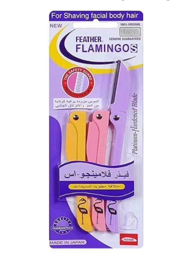 Feather-Flamingo Original Japanese Feather Flamingo-S razors for facial, body, and eyebrow hair removal, 3-piece foldable set with skin protection guard | Original non-slip women's razor and trimmer - Skincare and beauty essentials - Image 1