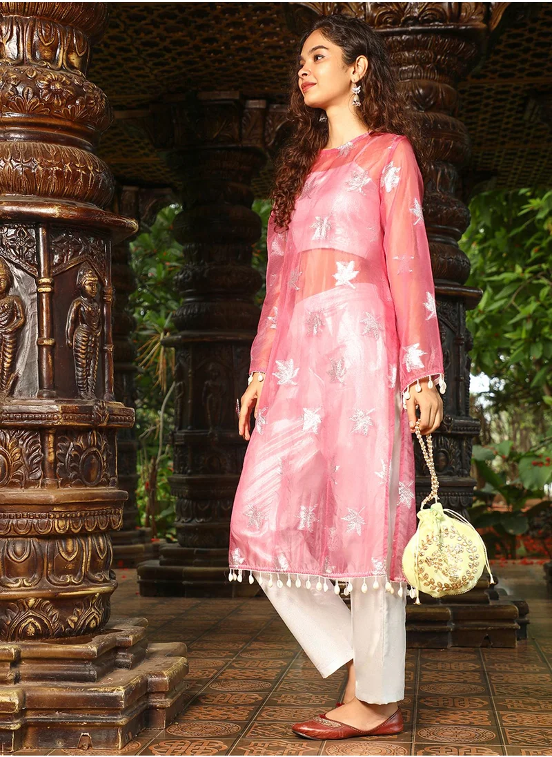 QISSA Women's Blush Pink Maple Leaf Kurta With Crop And Trousers