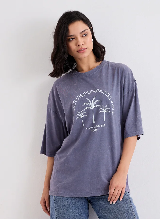 Styli Styli Graphic Print Acid Wash Oversized T-Shirt