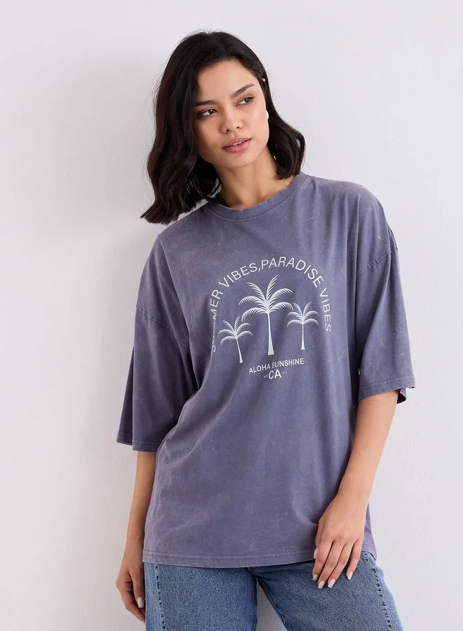 Styli Graphic Print Acid Wash Oversized T-Shirt