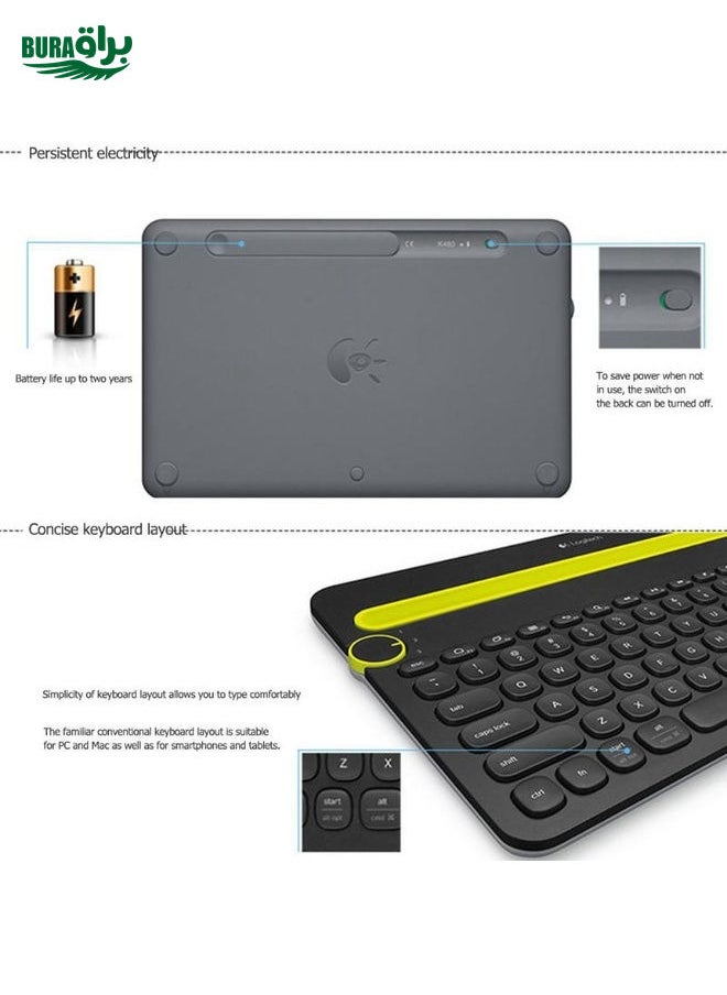 براق - Logitech K480 Multi-Device Bluetooth 3.0 لوحة مفاتيح Bluetooth اللاسلكية مع حامل (أبيض) - Image 1