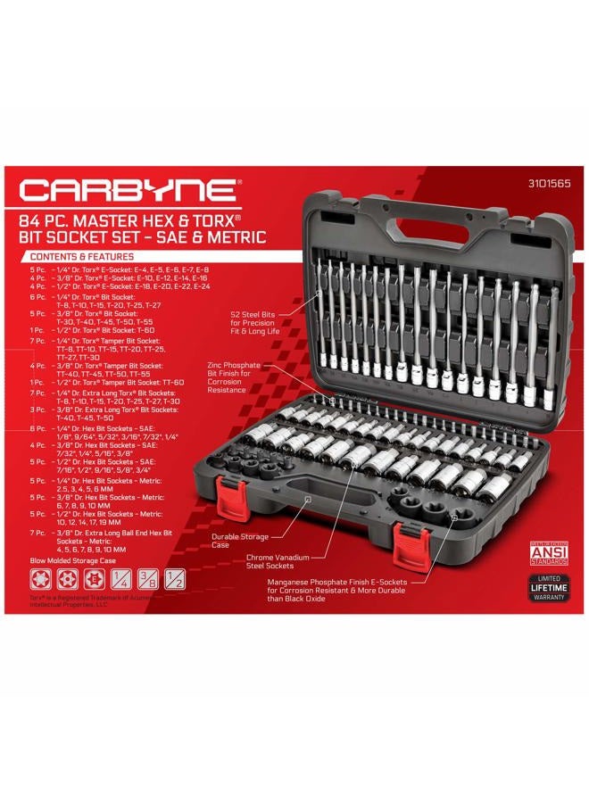 Carbyne Master Hex & Torx Bit Socket Set, 84 Pieces | SAE & Metric - S2 Steel Bits, Chrome Vanadium Steel Sockets, Corrosion Resistance, Durable Storage Case | 1/4", 3/8" & 1/2" Drive - Image 5