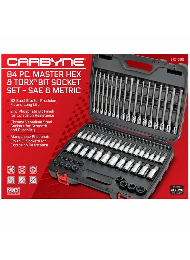 Carbyne Master Hex & Torx Bit Socket Set, 84 Pieces | SAE & Metric - S2 Steel Bits, Chrome Vanadium Steel Sockets, Corrosion Resistance, Durable Storage Case | 1/4", 3/8" & 1/2" Drive - Image 2