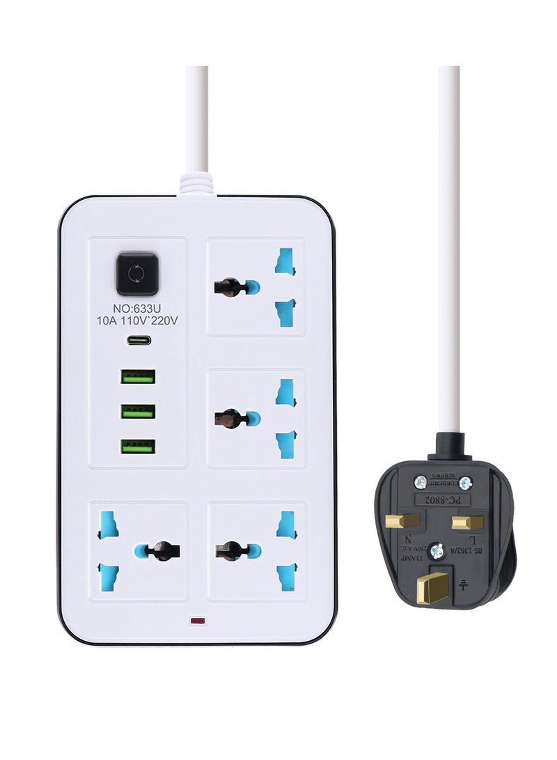 جومو ستور كابل تمديد عالمي بطول 2 متر مع قابس UK ثلاثي الأطراف متعدد الوظائف، 4 مقابس، 3 منافذ USB و 1 منفذ Type-C – شريط كهرباء رئيسي للاستخدام في المنزل والمطبخ والمكتب - Image 1
