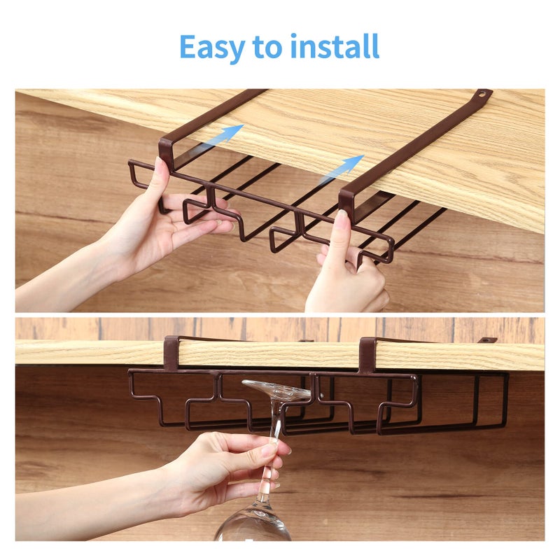 FOMANSH Wine Glass Rack Under Cabinet Drilling Free No Screw Steamware Holder Under Shelf Metal Wine Glasses Holders 304 Stainless Steel Hanger Storage Organizer Hanging Glass Fit for Bar Kitchen 2 Rows Brown - Image 4