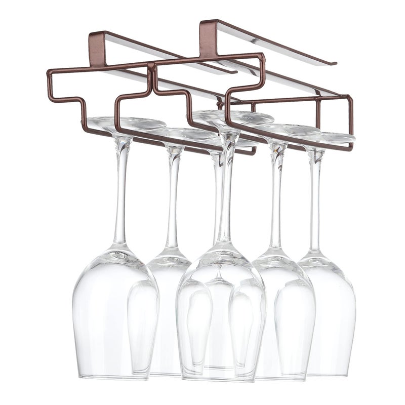 FOMANSH Wine Glass Rack Under Cabinet Drilling Free No Screw Steamware Holder Under Shelf Metal Wine Glasses Holders 304 Stainless Steel Hanger Storage Organizer Hanging Glass Fit for Bar Kitchen 2 Rows Brown - Image 1