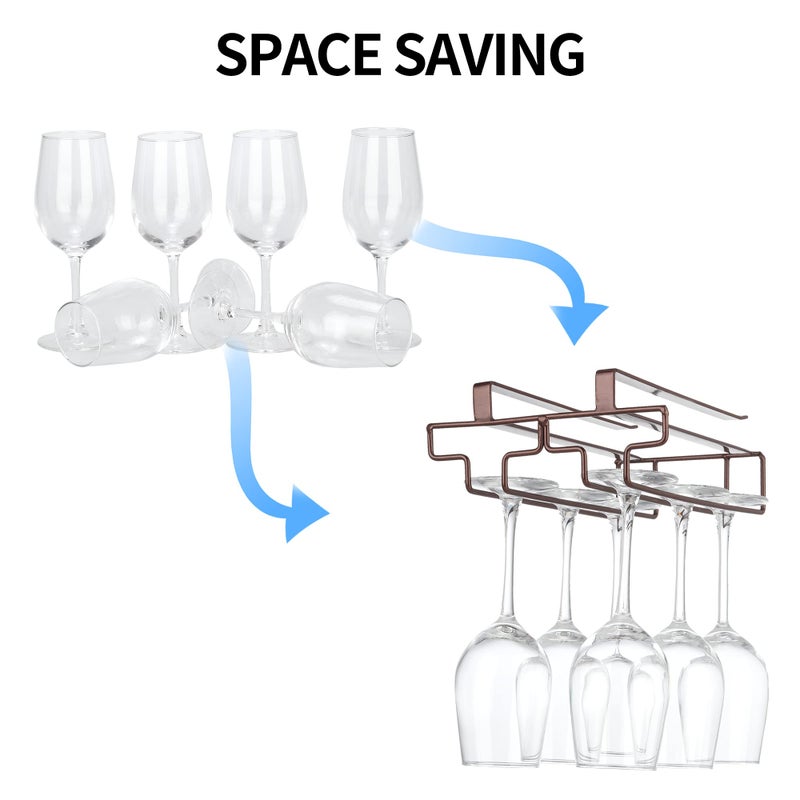 FOMANSH Wine Glass Rack Under Cabinet Drilling Free No Screw Steamware Holder Under Shelf Metal Wine Glasses Holders 304 Stainless Steel Hanger Storage Organizer Hanging Glass Fit for Bar Kitchen 2 Rows Brown - Image 3