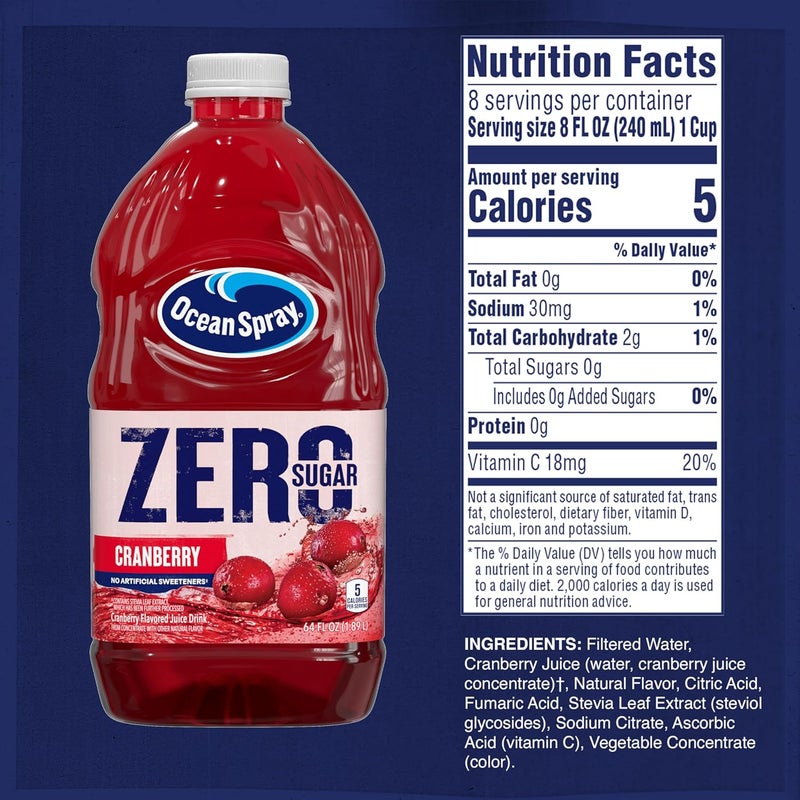 Ocean Spray مشروب عصير التوت البري من أوشن سبرay بدون سكر، زجاجة سعة 64 أونصة سائلة محلاة بالستيفيا - Image 2