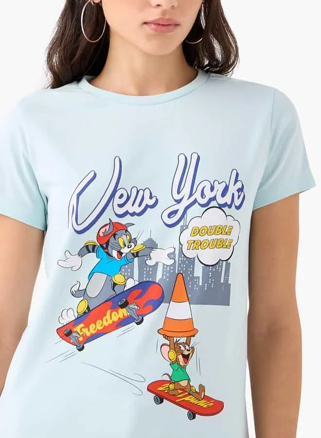SP Characters Tom and Jerry Print T-shirt with Crew Neck and Short Sleeves