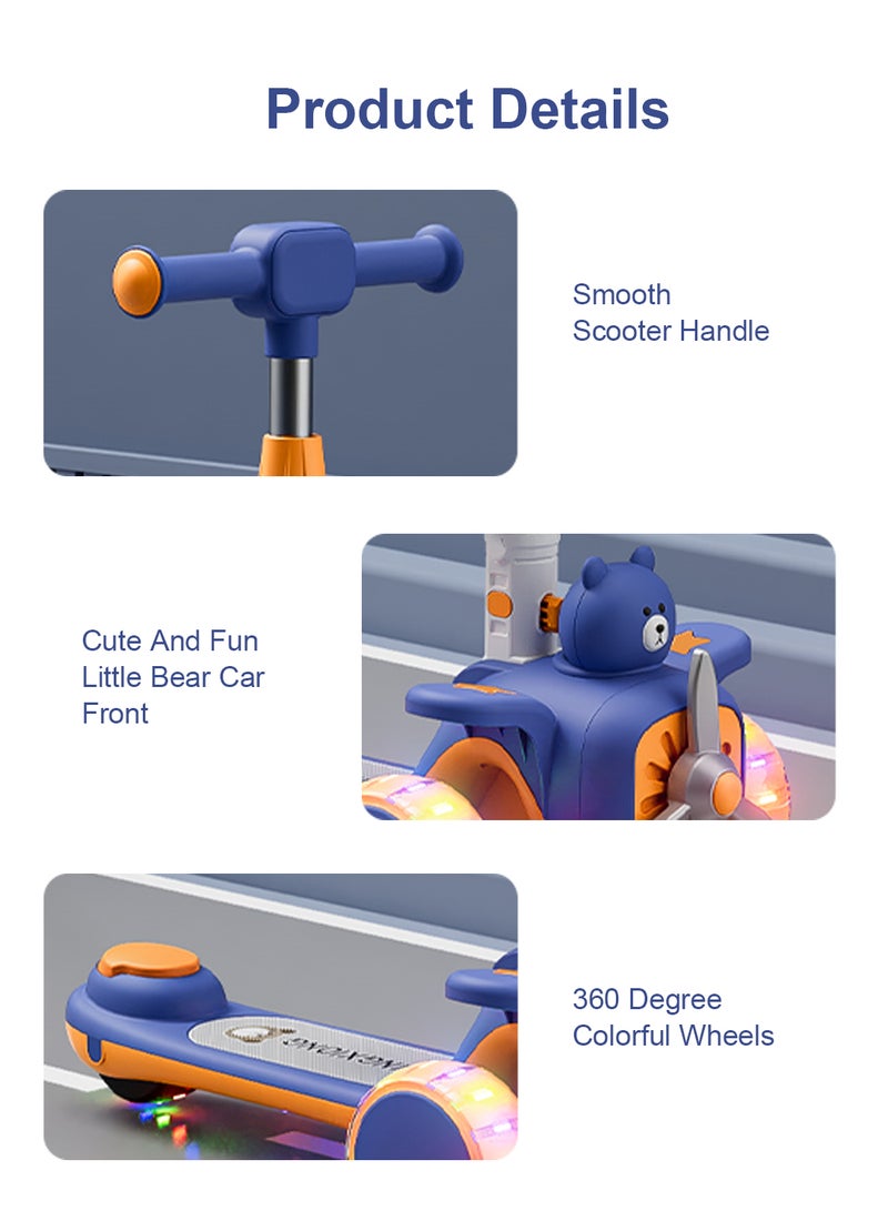 MaBaby 3-in-1 Kids Kick Scooter Foldable and Adjustable, with Gravity Steering and LED Flashing Wheels, for 1-6 Years Boys and Girls Indoor Outdoor (Blue) - Image 4