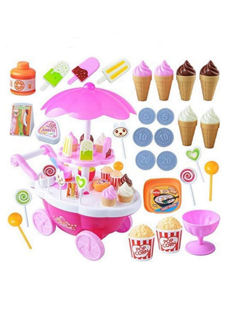 39PCS Kids Pretend Play Candy Ice Cream Trolley Mini Push Cart Toy with Realistic Sweets Dessert Supermarket Role Play Toys for Toddlers Children Gift - Image 1